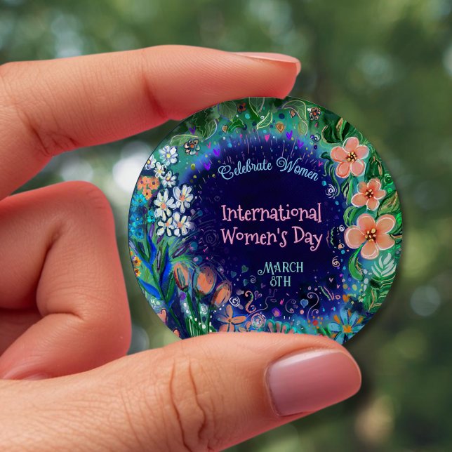 Botón del Día de la Mujer de Acuarela Floral (Colorful Watercolor Floral Women's Day Button)