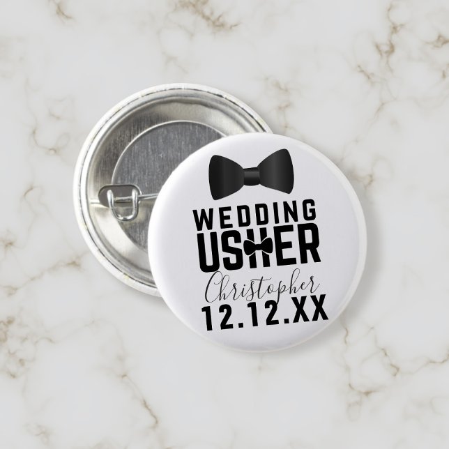 Botón del partido de novias Usher, Boda de Tuxedo (A button to pin on your Usher. Just add their name and your wedding date)