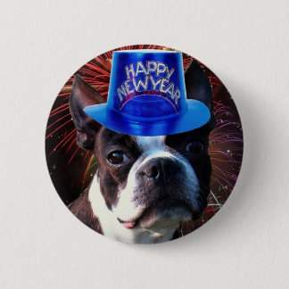 Botón del terrier de Boston de la Feliz Año Nuevo