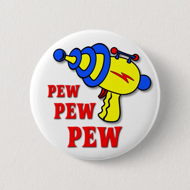 Botón divertido con insignia de pistola láser Pew  (Anverso)