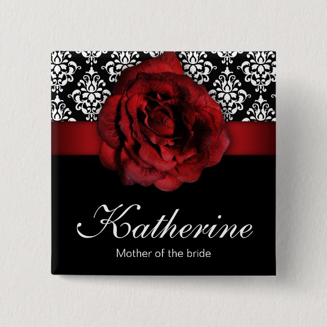 botón Etiqueta de nombre de boda Damasco rosa rojo (Anverso)