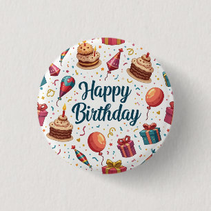 botón Feliz cumpleaños con globos y pasteles