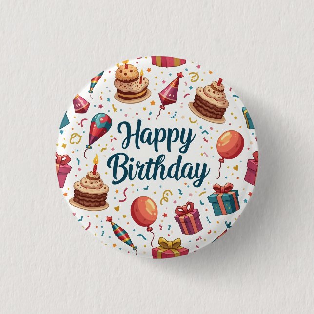 botón Feliz cumpleaños con globos y pasteles (Anverso)