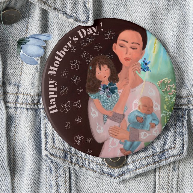 botón Feliz Día de la Madre con niños (Happy Mothers Day with kids Button, beautiful whimsical button)
