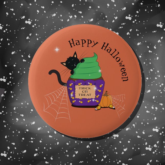 Botón Halloween del Naranja del gato negro (Cute black cat Halloween orange button .)