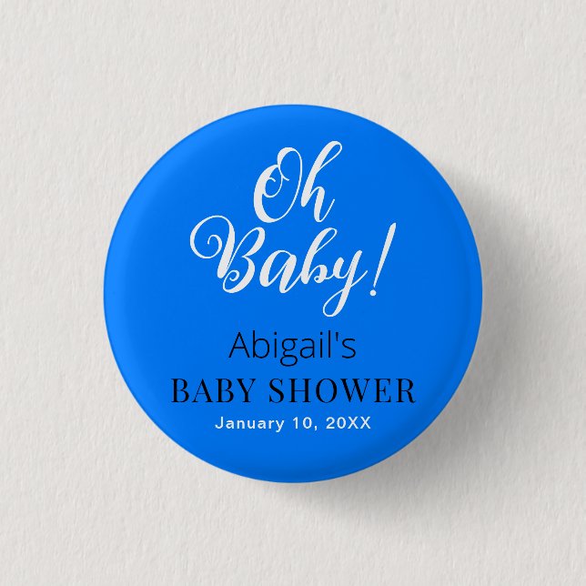 Botón moderno de Baby Shower azul con texto Person (Anverso)