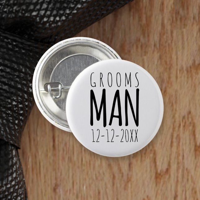 Botón moderno de Boda Groomsman en blanco y negro (You can attach this to one of your Groomsmen. Just add your wedding date)