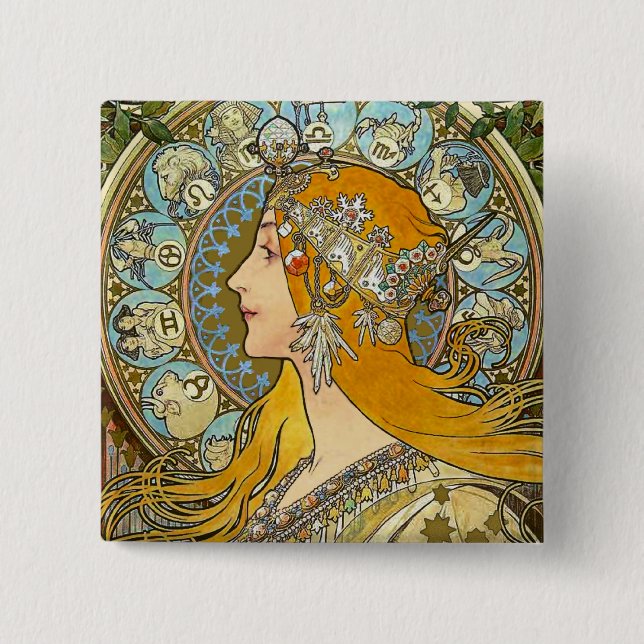 Botón Mucha Art Nouveau - Zodiac - La Plume (Anverso)