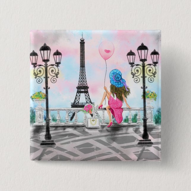 botón Mujer bonito en París con Torre Eiffel (Anverso)