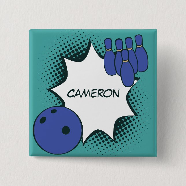 botón Nombre del Bowling de Arte Pop verde azul (Anverso)