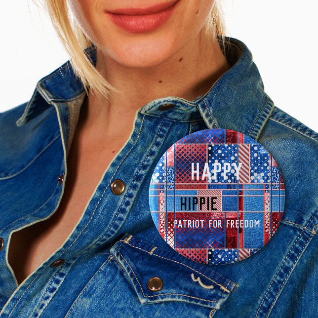 botón Patriótico Personalizado de Patchwork de Jea (Button featuring a modern abstract design with blue jeans and red white and blue USA flag colors)