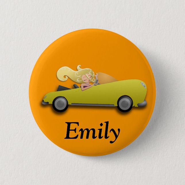 Botón personalizado de coche amarillo y chica (Anverso)