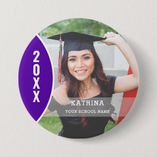 Botón Personalizado de foto graduación morado y bl