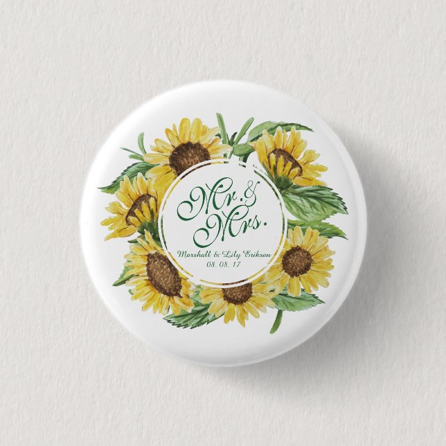 Botón Pin Boda de flor de girasol personalizado (Anverso)