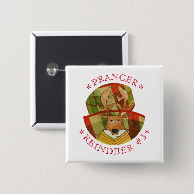 botón Pin cuadrado del REINDER del PRANCER (Anverso y reverso)