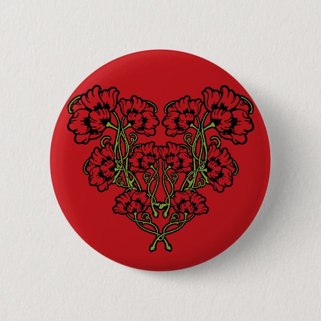 Botón Pinback Rojo del Corazón de Flor Art Nouveau (Anverso)