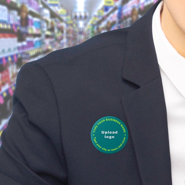 Botón redondeo Verde azulado de marca comercial (Build brand name awareness. Circular business brand texts on teal green button.)