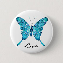 Botón redondo blanco de la mariposa azul linda del