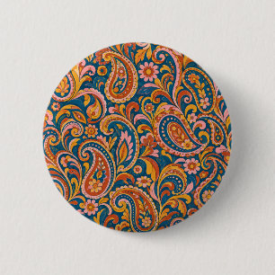 Botón redondo de paisley en terracota y azul marin