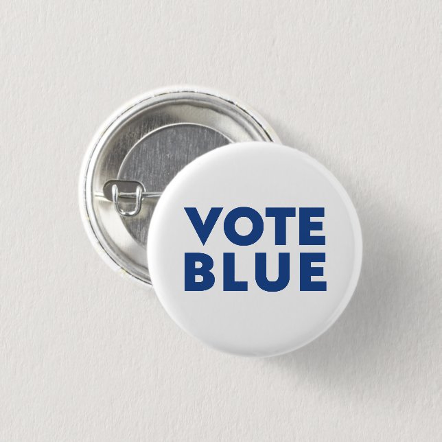 Botón Vota azul, blanco, pin azul (Anverso y reverso)