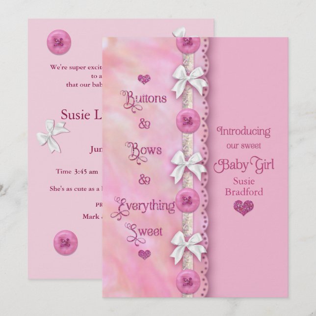 Botones y tortas de Invitación rosa para niñas beb (Anverso / Reverso)