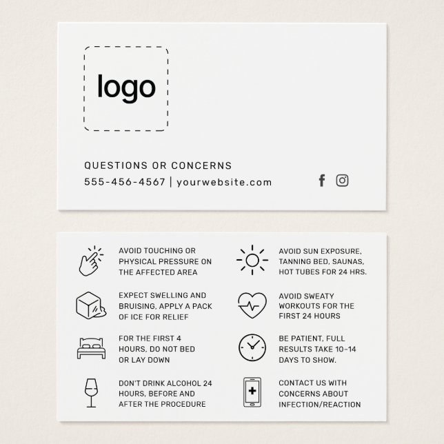 Botox Filler Injection Aftercare Instruction Card (Anverso y reverso)