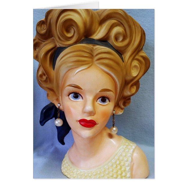 Bouffant Hair Lady Head Vase Big Blue Eyes Card (Frente)
