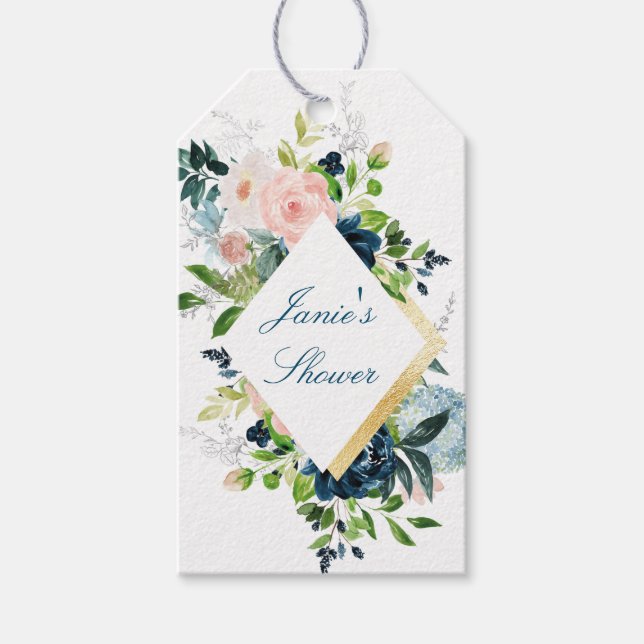 Bouquet acuarela con etiqueta de regalo azul y dor (Anverso)