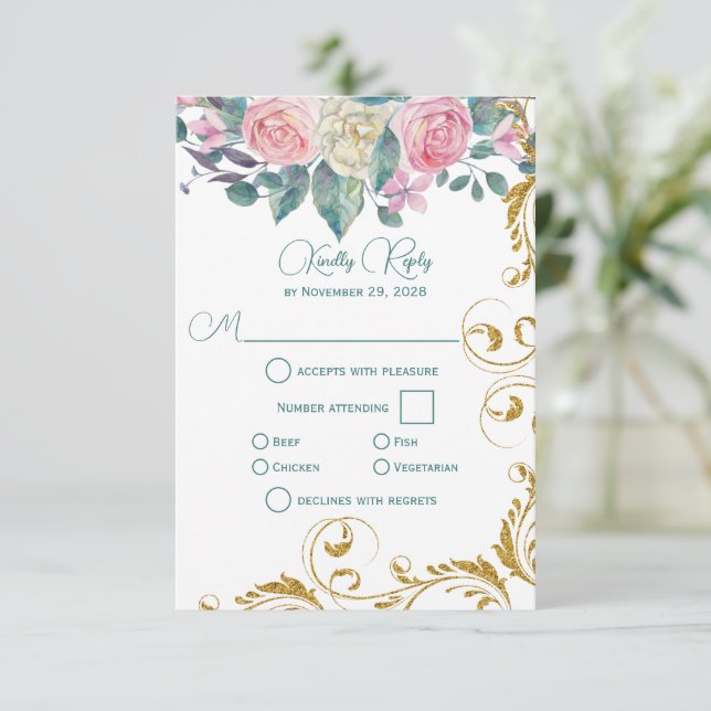 Bouquet botánico con Faux Gold Swirl RSVP (Anverso de pie)