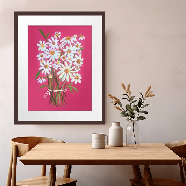 Bouquet de margarita blanca sobre arte de pintura  (White Daisy Bouquet on Pink Gouache Painting Art Poster Wall Art)
