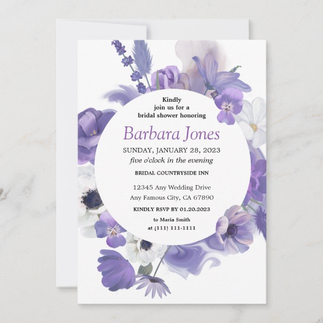 Bouquet morado floral Bridal Shower Invitación (Anverso)