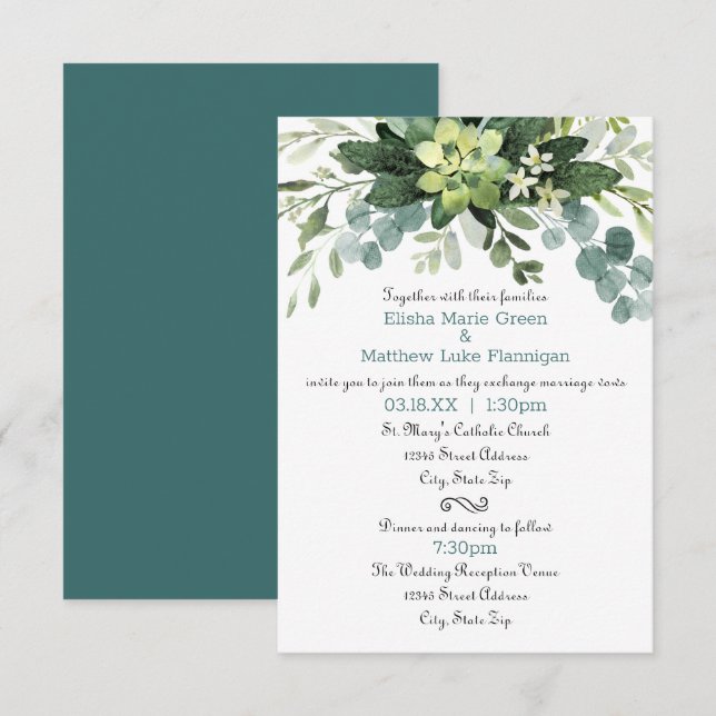 Bouquet Verde azulado - Invitación a Boda/Recepció (Anverso / Reverso)