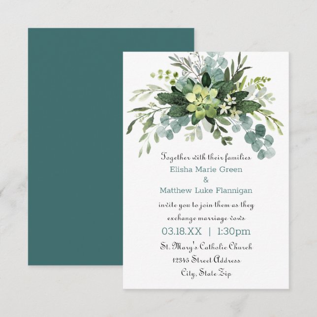 Bouquet Verde azulado - Invitación de boda 3x5 (Anverso / Reverso)