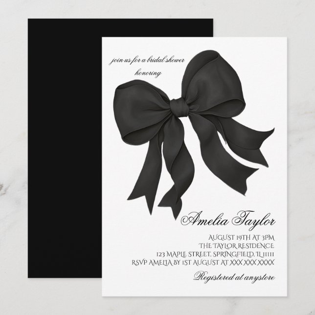Bow negro elegante invitación a ducha de novia (Anverso / Reverso)