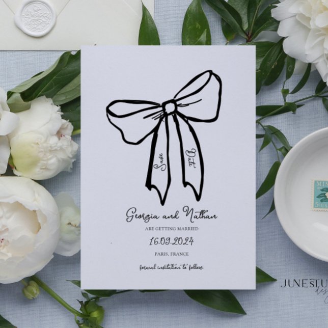 Bow retro único Guardar la invitación de fecha (vintage inspired bow wedding invitation, hand drawn bow wedding save date card, bow illustrated )