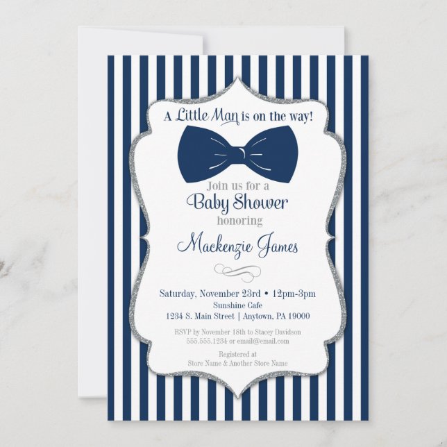 Bow Tie Boy Invitación Baby Shower Navy Silver (Anverso)