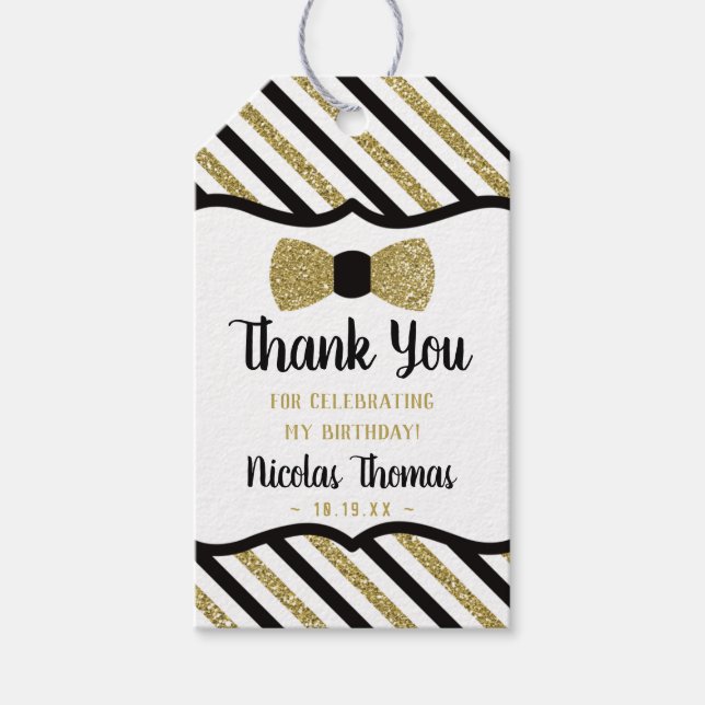 Bow Tie Gracias Etiqueta De Favor, Negro, Faux Gol (Anverso)