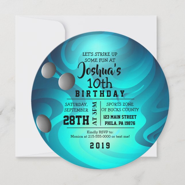 BOWLING BALL ROUND Aqua Birthday Party Invitación (Anverso)