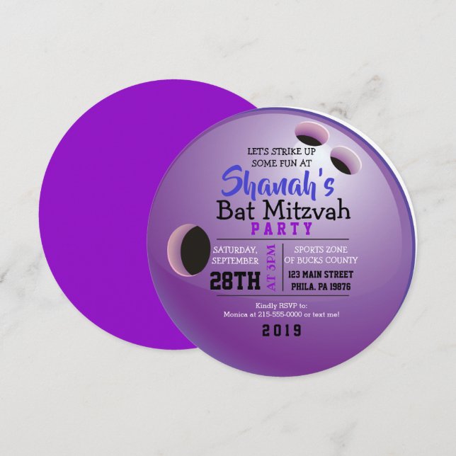 BOWLING BALL ROUND Bat Mitzvah Party Invitación (Anverso / Reverso)