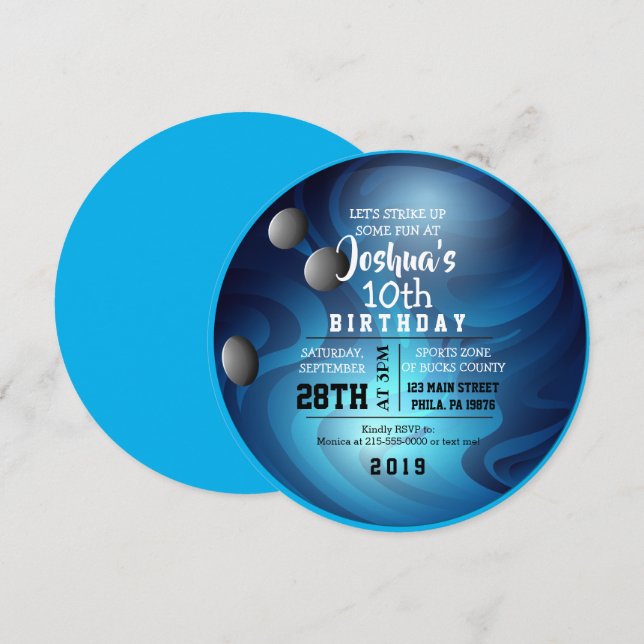 BOWLING BALL ROUND Blue Birthday Party Invitación (Anverso / Reverso)