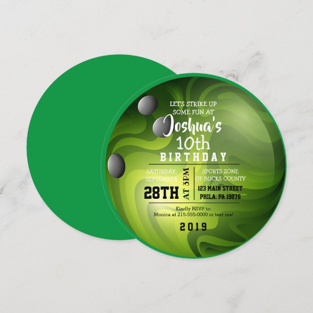 BOWLING BALL ROUND Green Birthday Party Invitación (Anverso / Reverso)