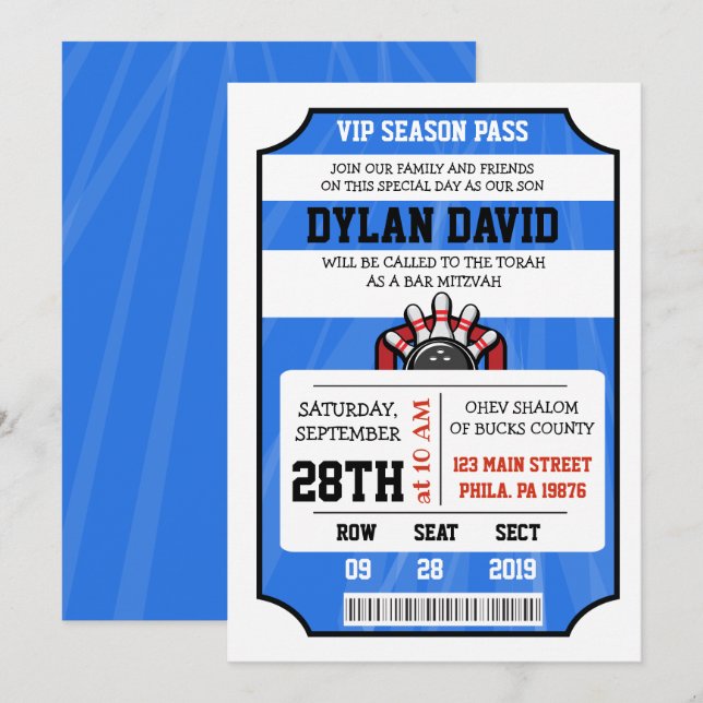 BOWLING TICKET Bar Bat Mitzvah Invitación (Anverso / Reverso)