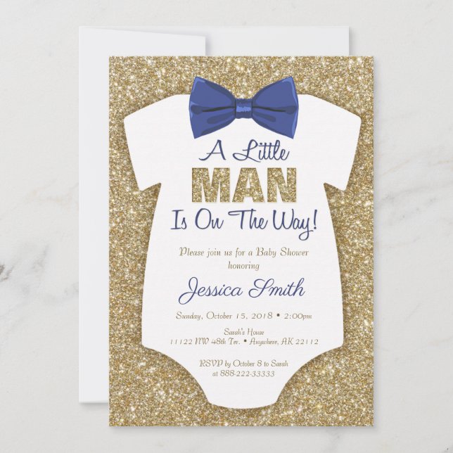 Bowtie Baby Shower Invitación Purpurina de oro (Anverso)