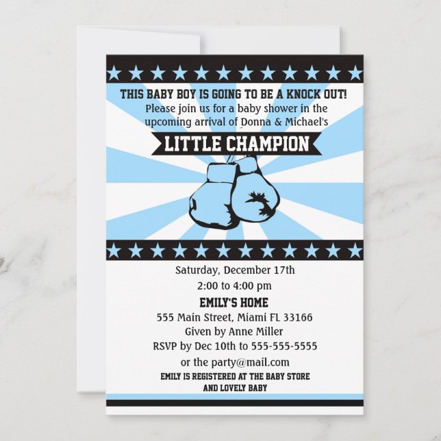 Boxing Sports Baby Boy Invitación a la ducha Azul (Anverso)