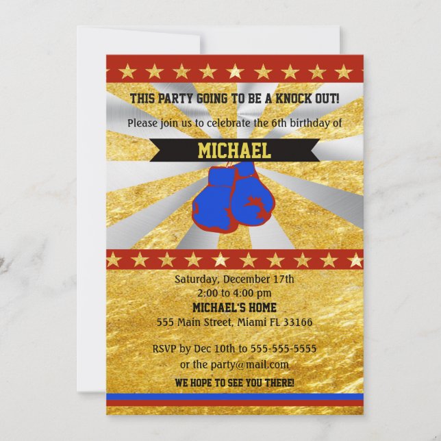 Boxing Sports Boy Invitación al cumpleaños Gold Bl (Anverso)