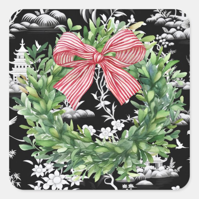 Boxwood Wreath Chinoiserie Bow Square Pegatina (Anverso)
