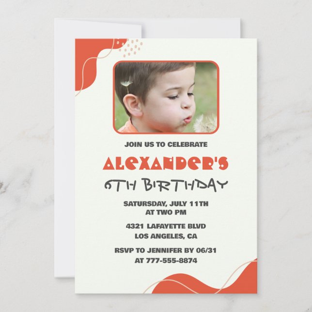 Boy 6 invitaciones de cumpleaños Modern Photo Red (Anverso)
