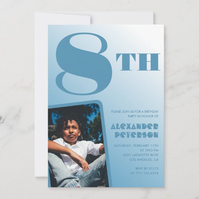 Boy 8 invitaciones de cumpleaños Foto azul (Anverso)