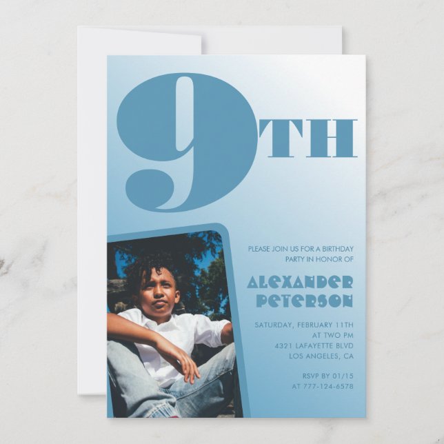 Boy 9 invitaciones de cumpleaños Foto azul (Anverso)