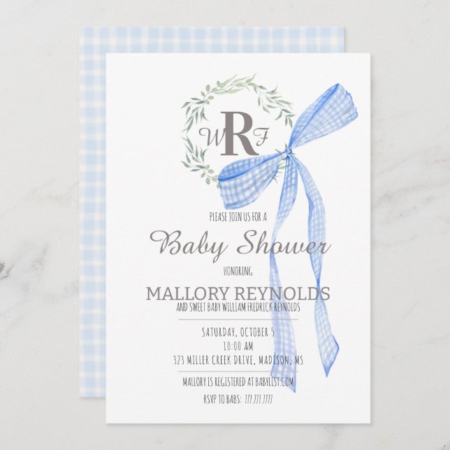 Boy Baby Shower Invitación Monograma y Gingham Bow (Anverso / Reverso)